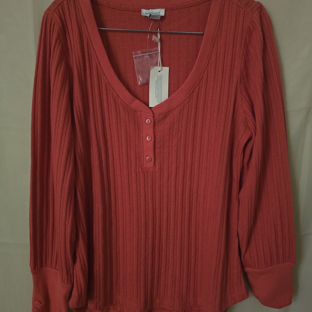 Sundance Coral Ribbed Scoop-Neck Henley Long Sleeve Top